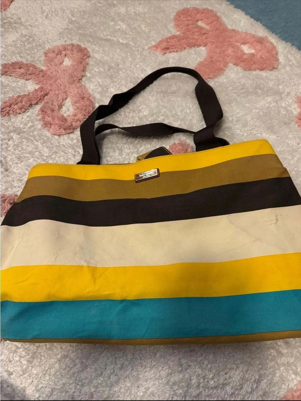 kate spade Striped Tote in Yellow, Teal, Brown and Cream
